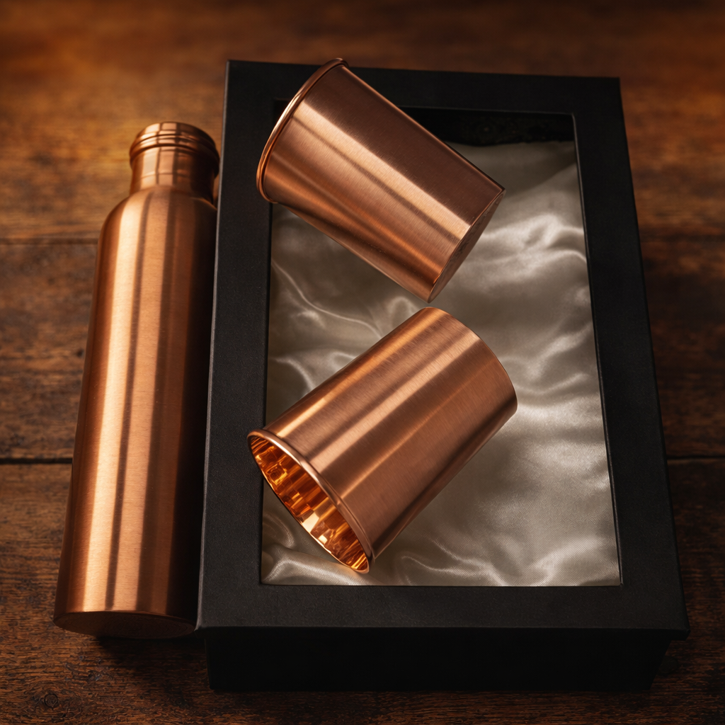 Modern copper water bottle and glasses set in a natural light setting