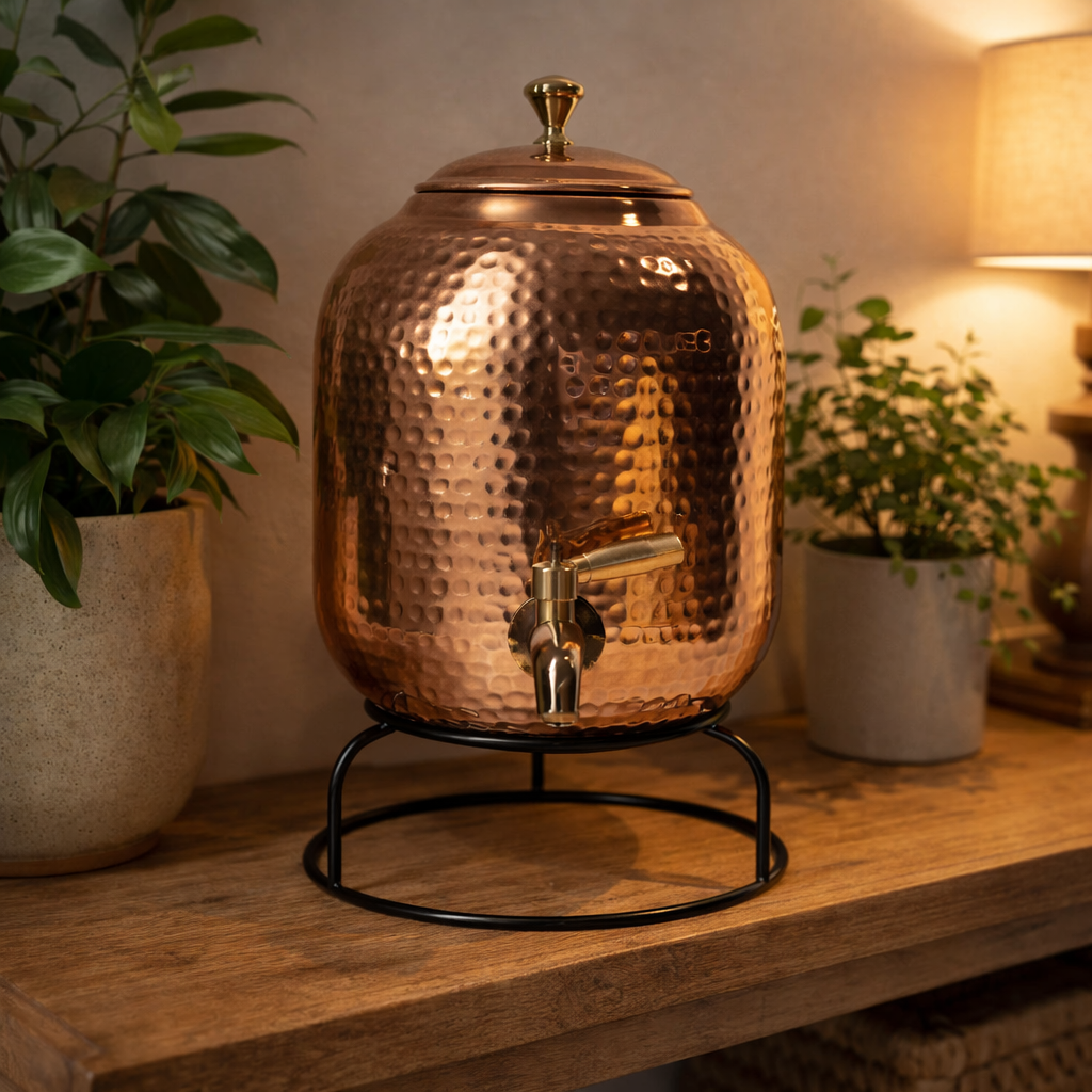 Shiny copper water dispenser placed on an outdoor garden table.