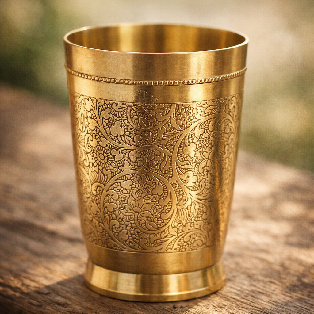 Designer brass embossed tumblers set with elegant finish on table