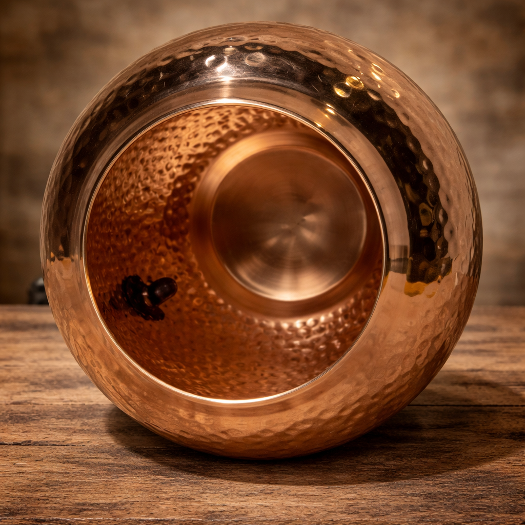 Elegant copper water dispenser with a metal tap against a soft background