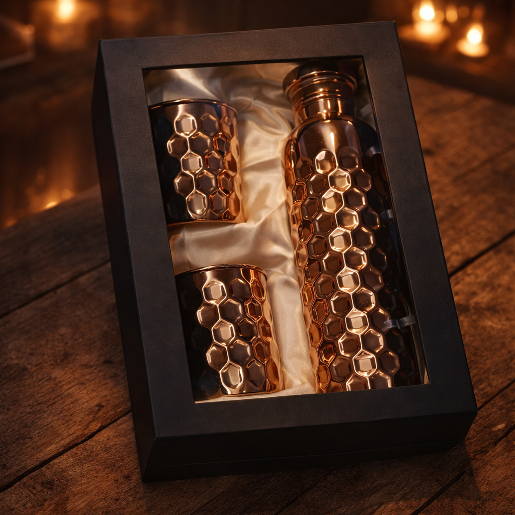 Elegant 950ml embossed copper bottle and 300ml glasses on a table.