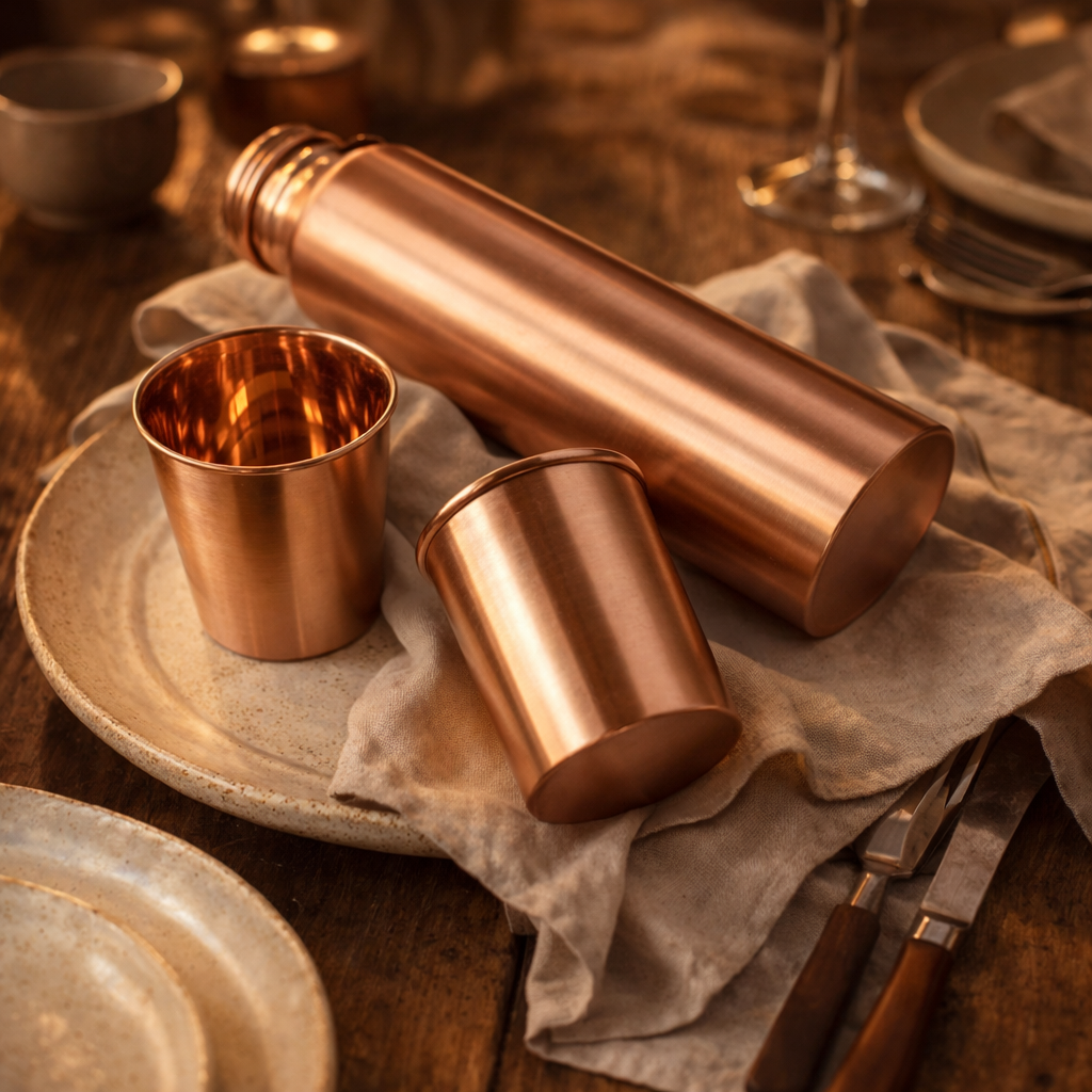 Elegant 950ml copper bottle and two glasses with a clean minimalist look.