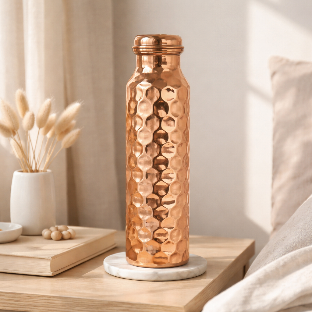 Elegant shiny polish copper bottle with a decorative textured surface.
