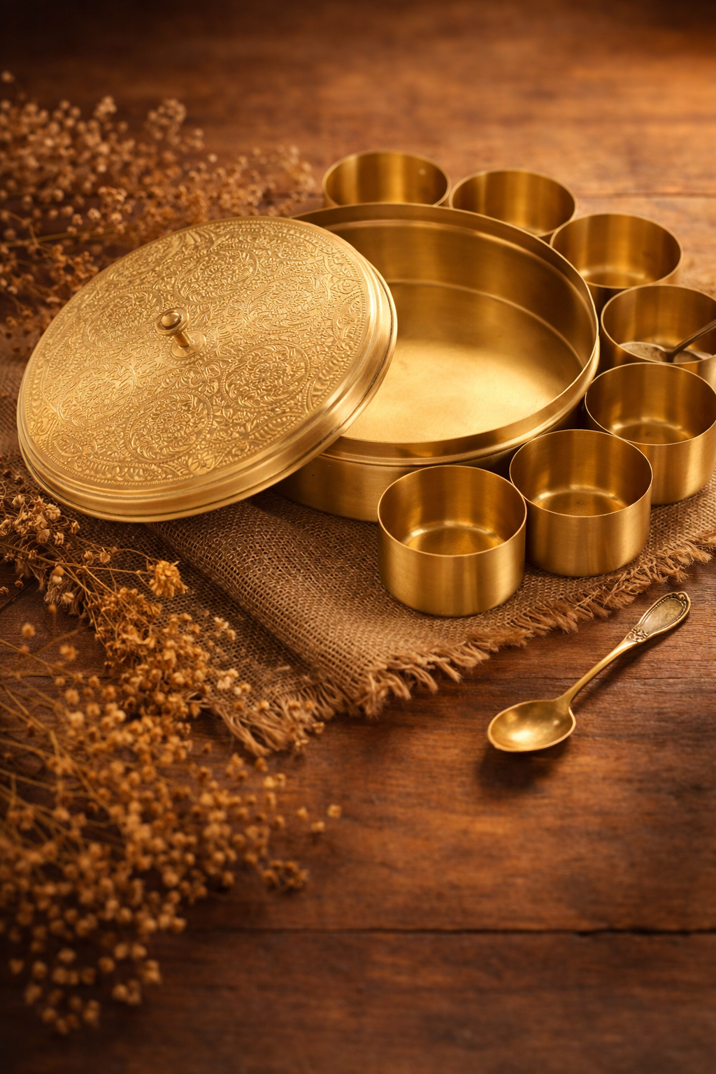 Embossed brass spice box with lid traditional Indian masala contain