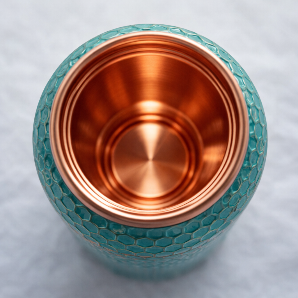 950ml pure copper bottle featuring detailed floral embossing and green color