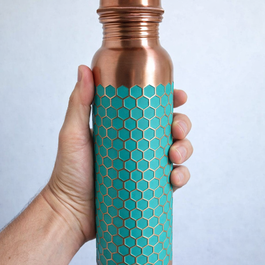 Close-up of a 950ml pure copper bottle with an intricate green embossed design