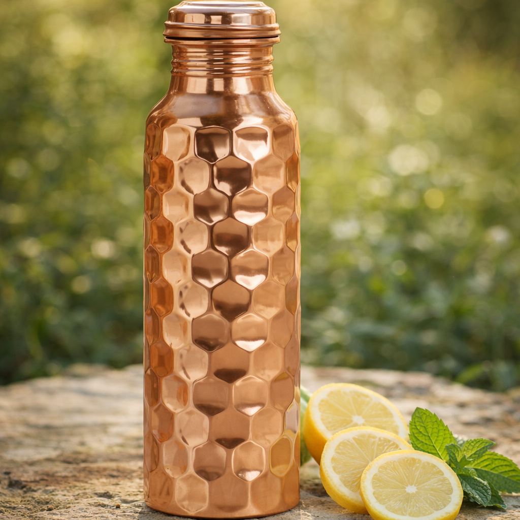 Pure copper water bottle with a shiny polish finish and floral embossing in a garden.