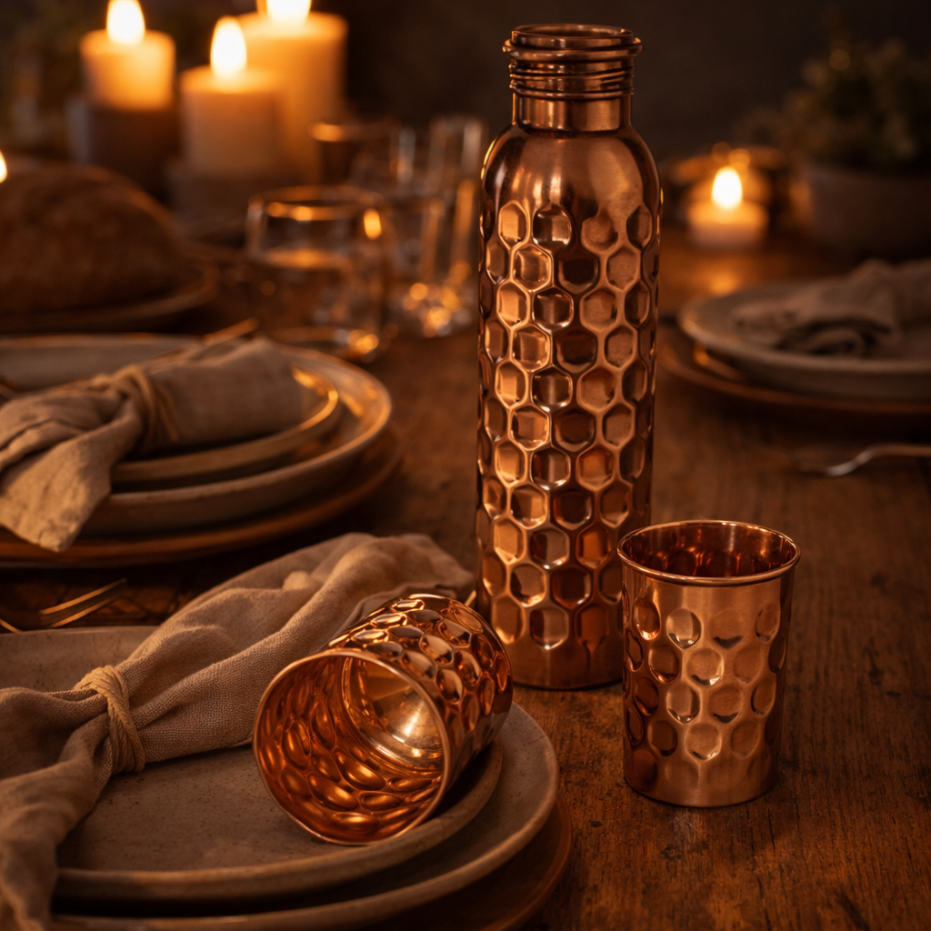Pure copper embossed water bottle and two glasses with a shiny polish finish.