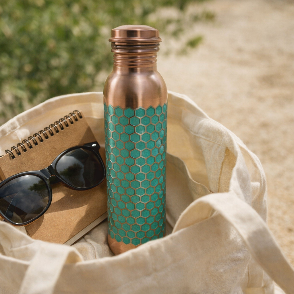 Stylish green embossed copper bottle placed in an outdoor garden setting