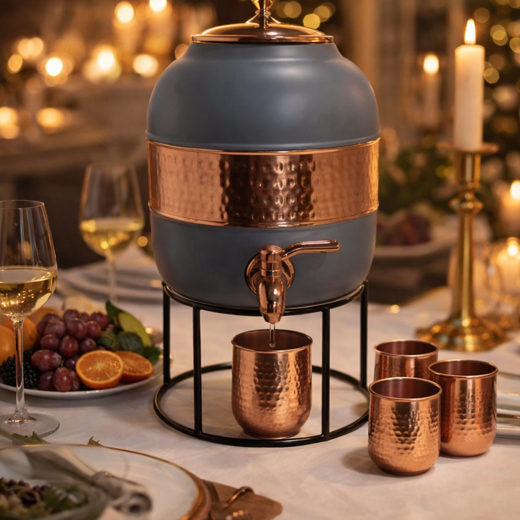 Matte grey copper water dispenser 5 litre with hammered copper band