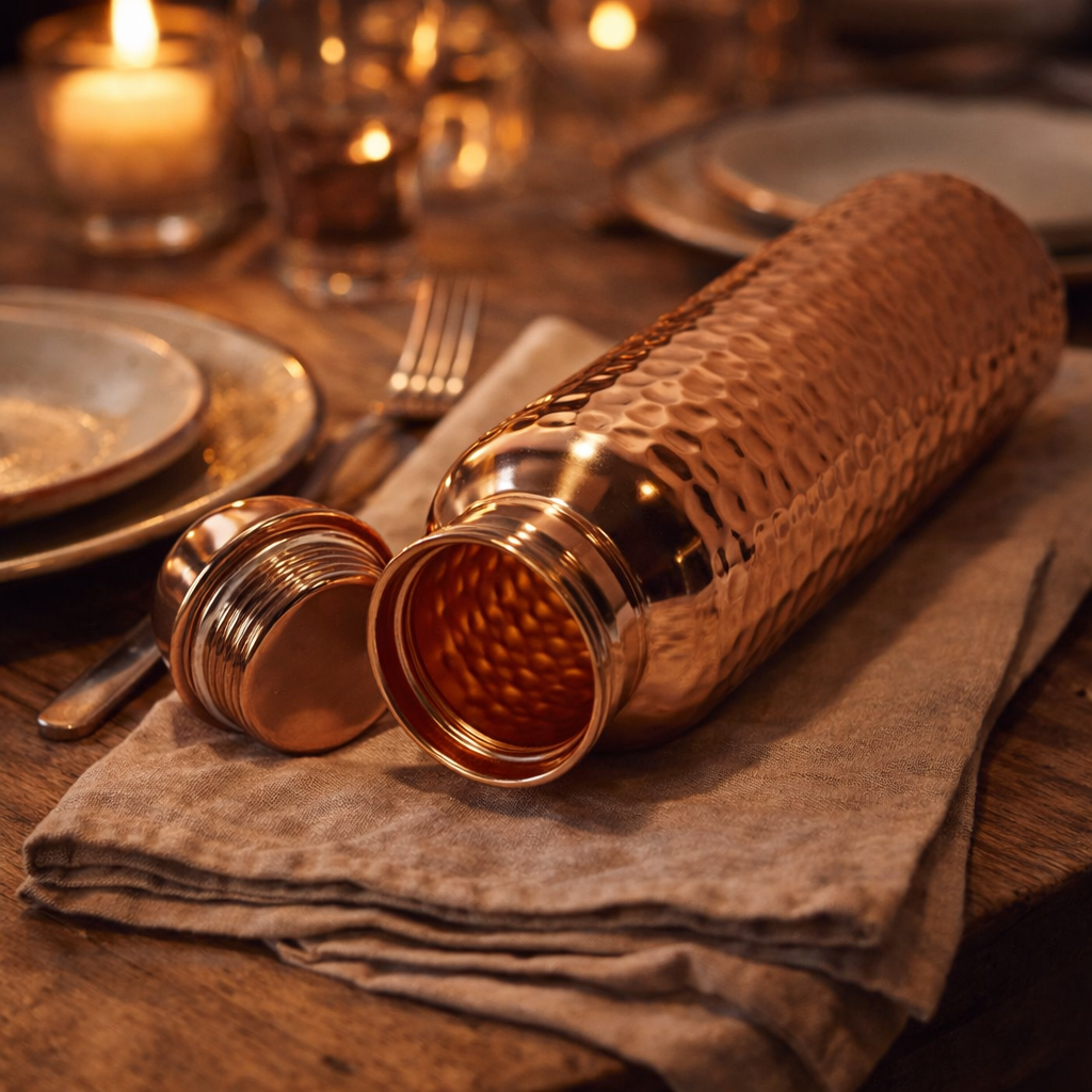 Shiny hammered copper water bottle placed on a table.
