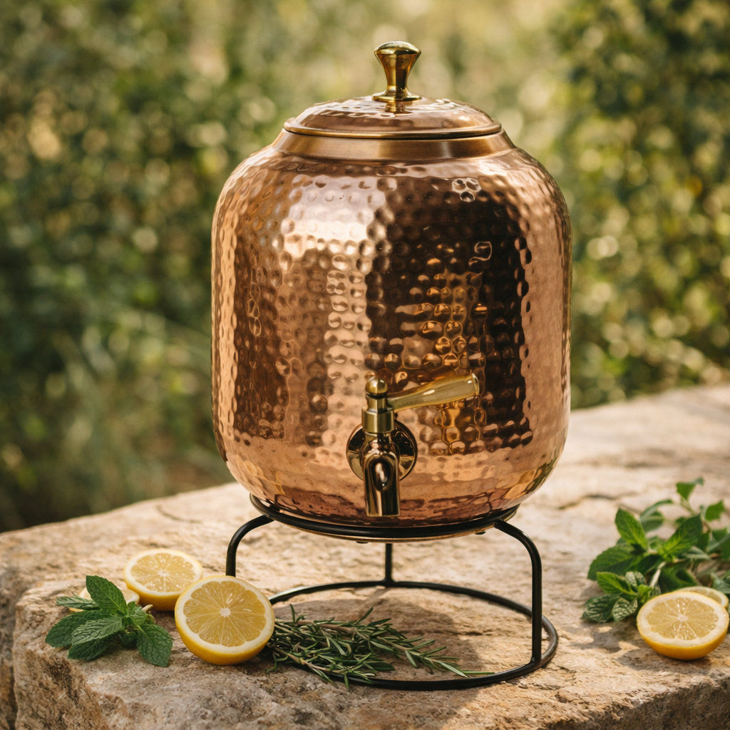 Hand-hammered copper water dispenser in a modern kitchen setting