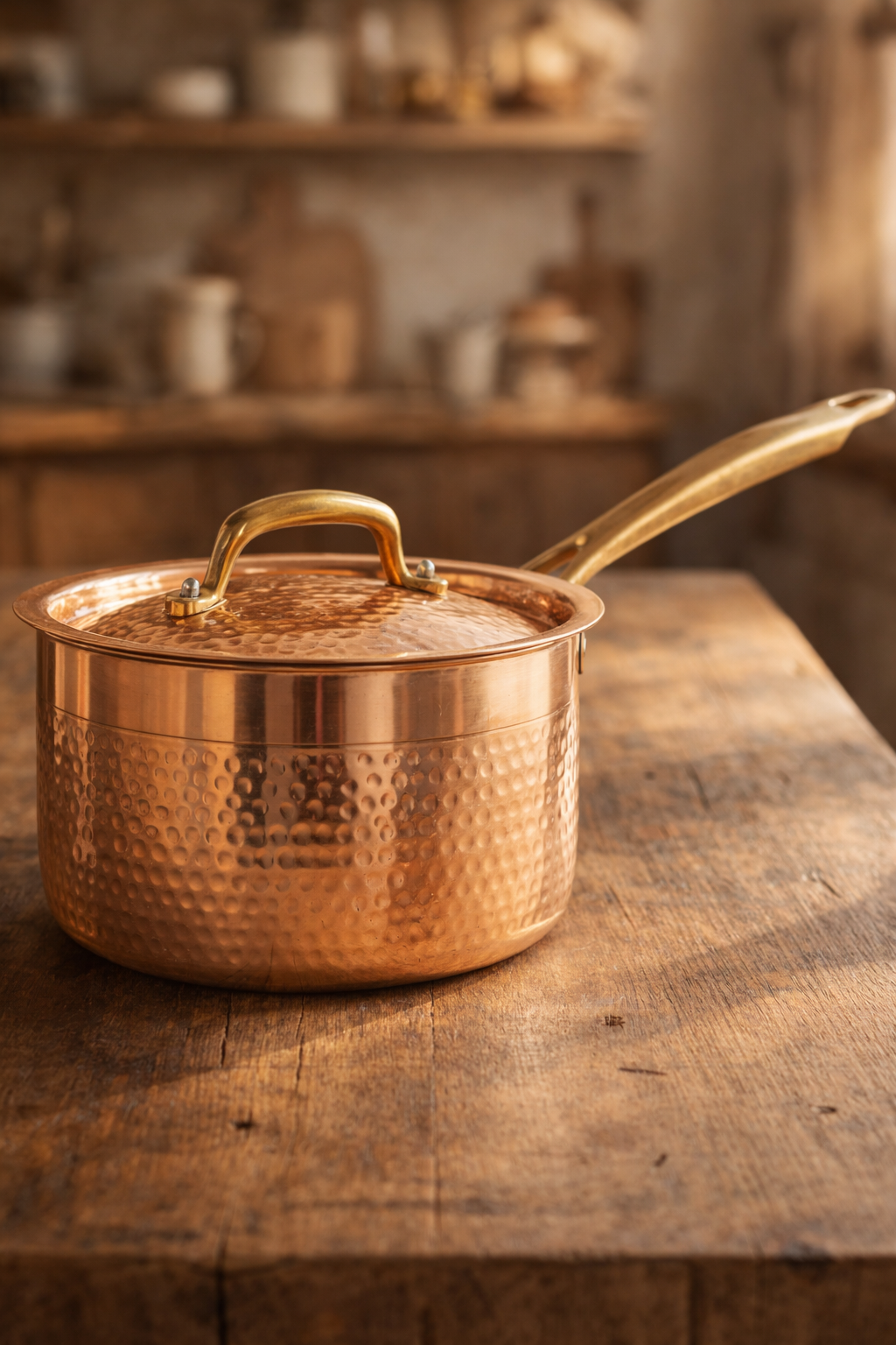 Handcrafted hammered copper saucepan with lid and long handl
