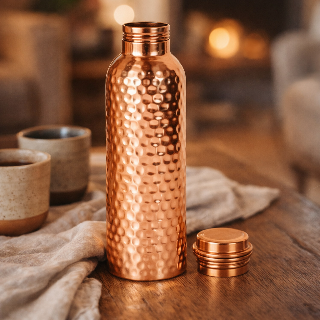 Pure copper hand-hammered water bottle with a shiny polish finish.