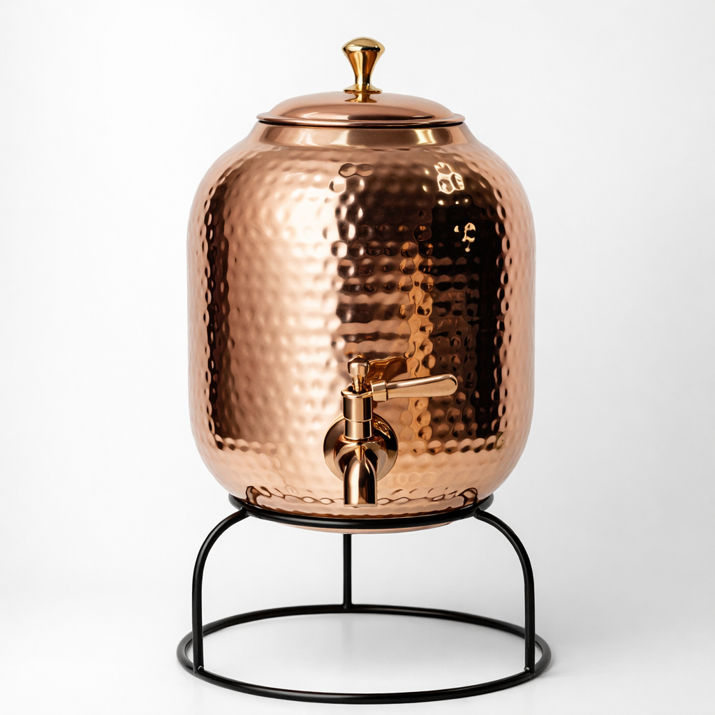 Close-up of a hand-hammered shiny polish copper water dispenser.