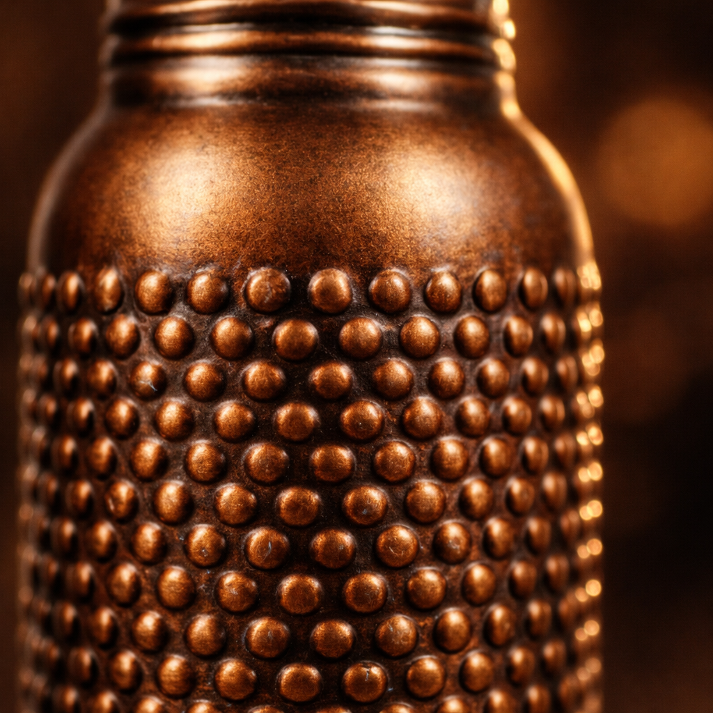 Handcrafted 950 ml pure copper bottle with a dark antique textured finish.