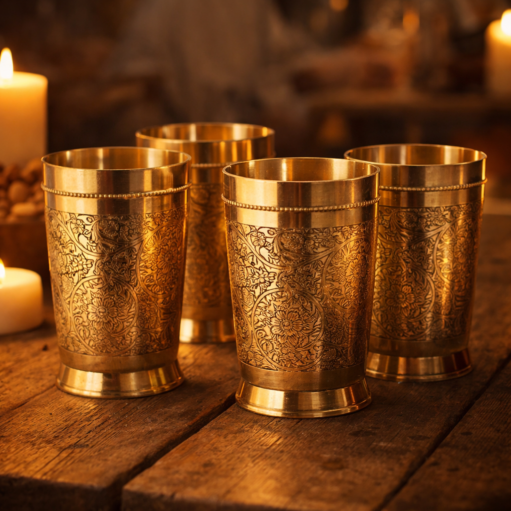 Handcrafted brass embossed tumblers set of 4 300ml premium finish