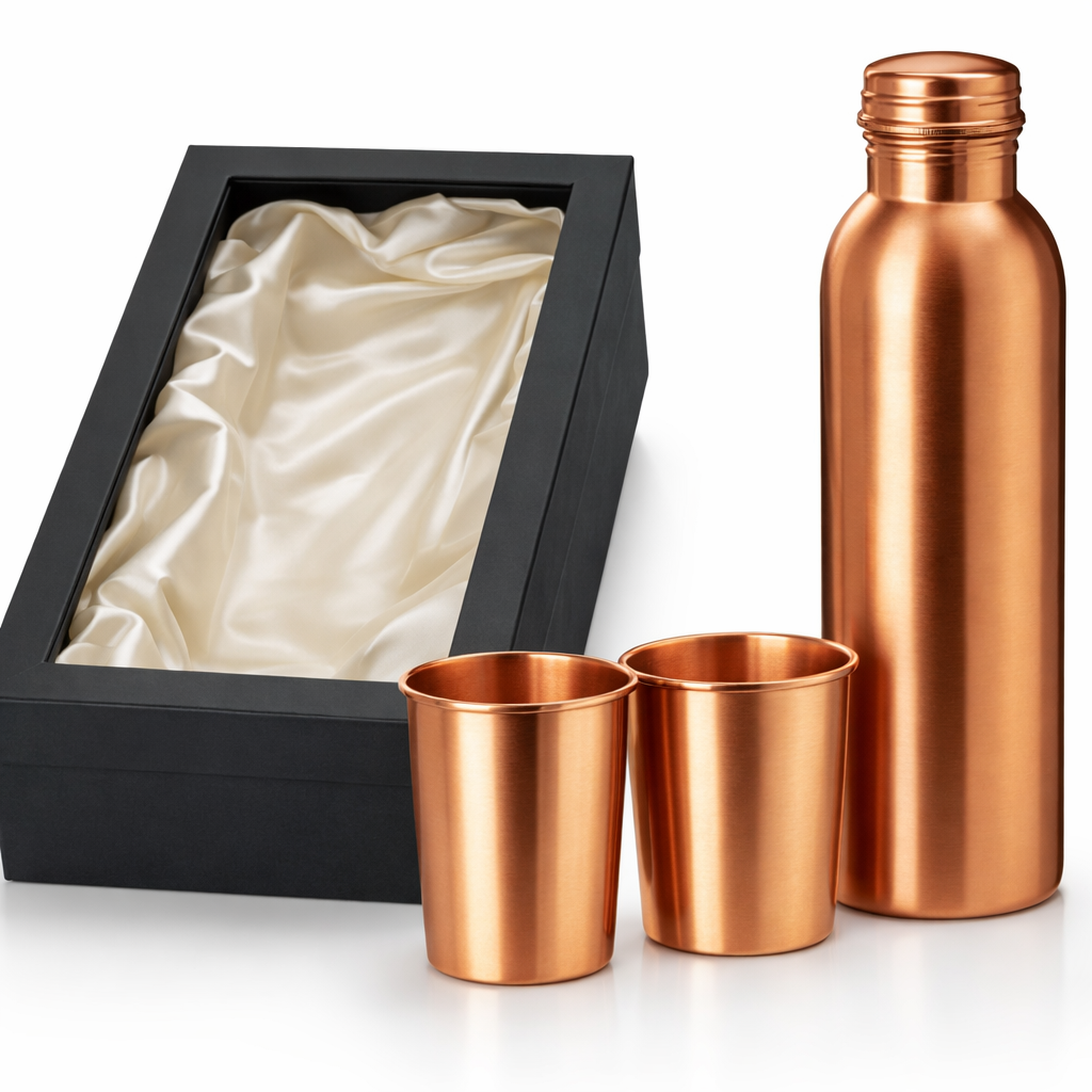 Close-up of a high-quality plain copper water set with a soft matt texture.