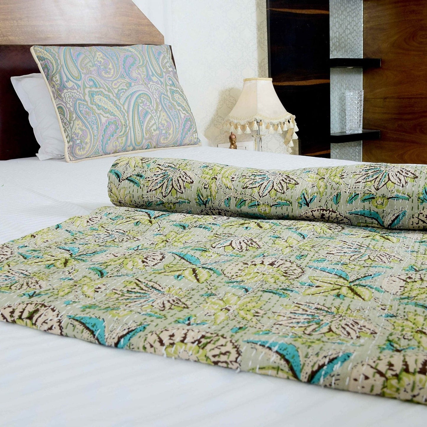 Pastel Green Handmade Kantha Quilt - Subtle