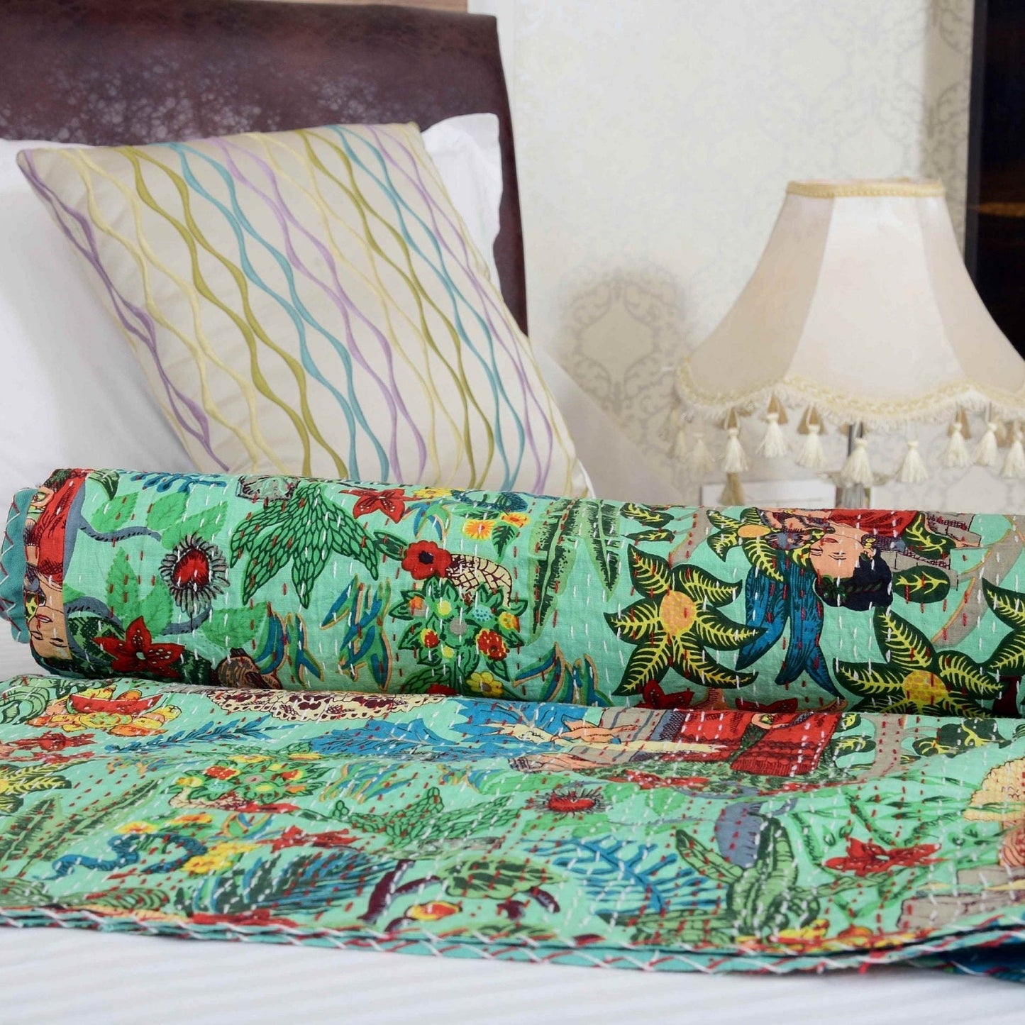 Frida Green Boho Indian Kantha Quilt - Handmade