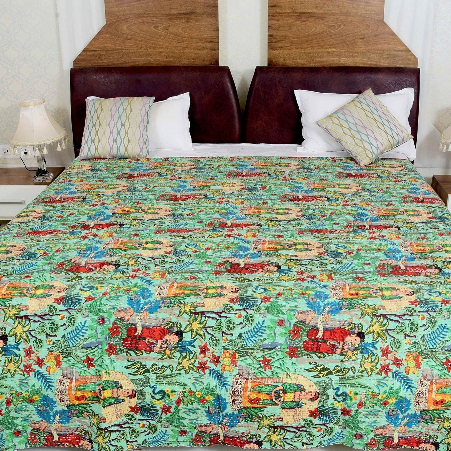 Frida Green Boho Indian Kantha Quilt - Handmade