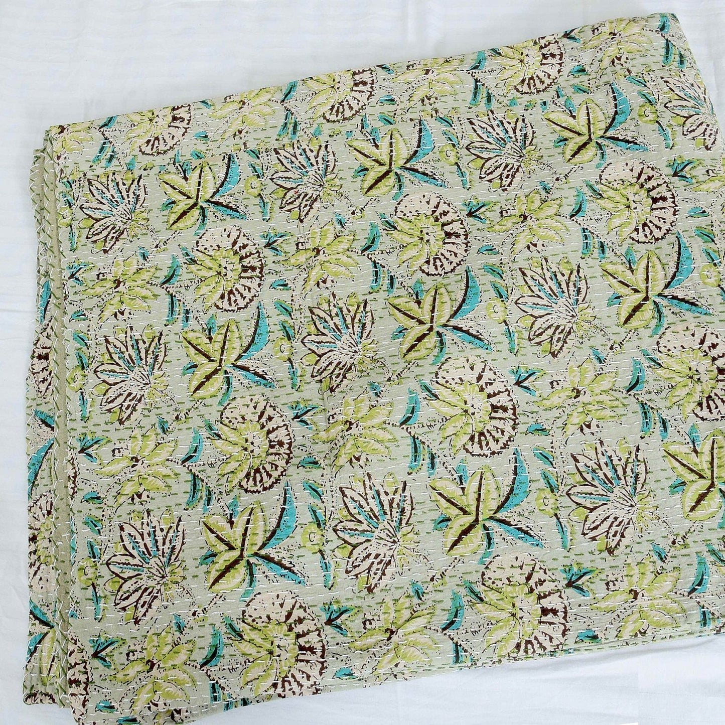 Pastel Green Handmade Kantha Quilt - Subtle