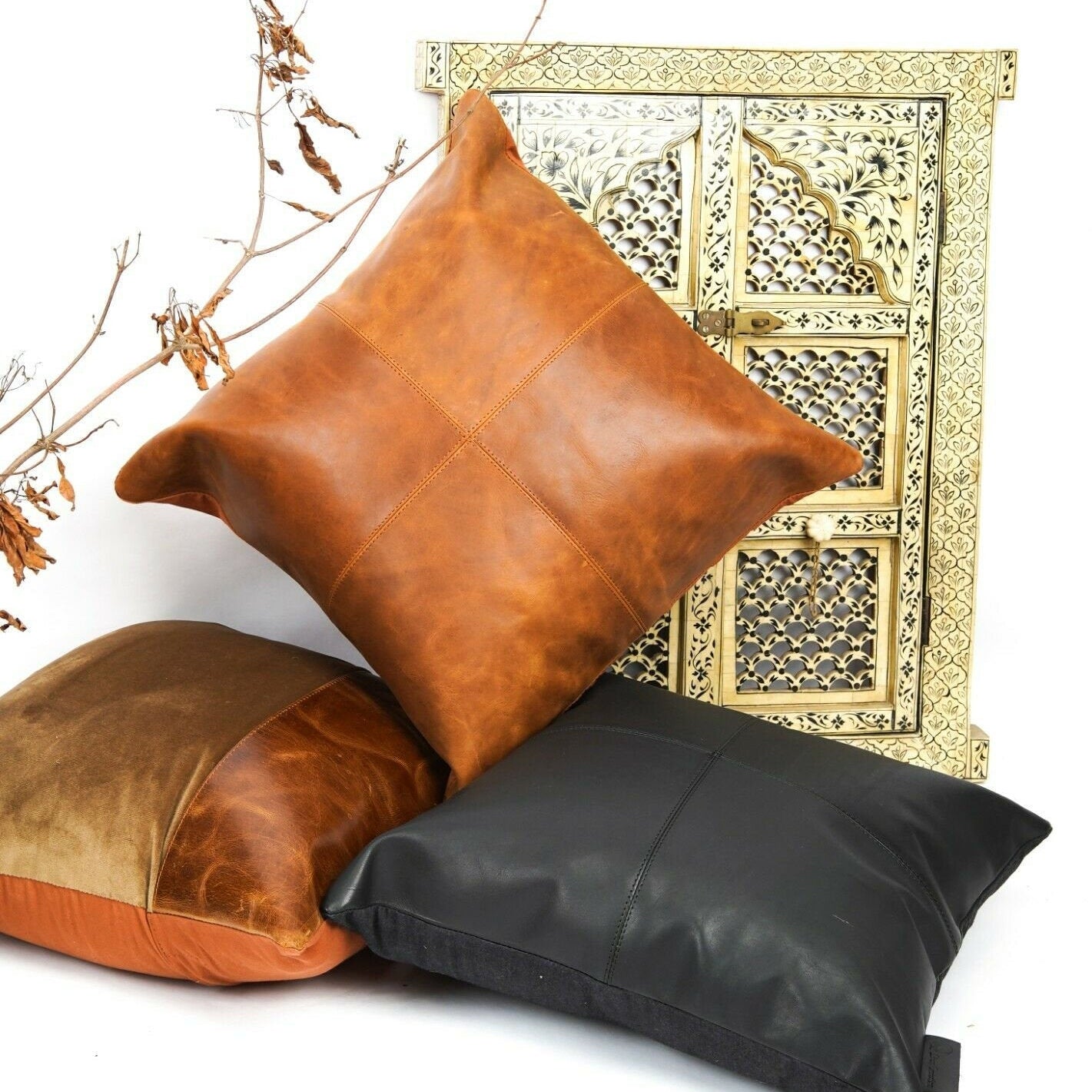 Tan Leather Cushion Cover - Black Twist Design
