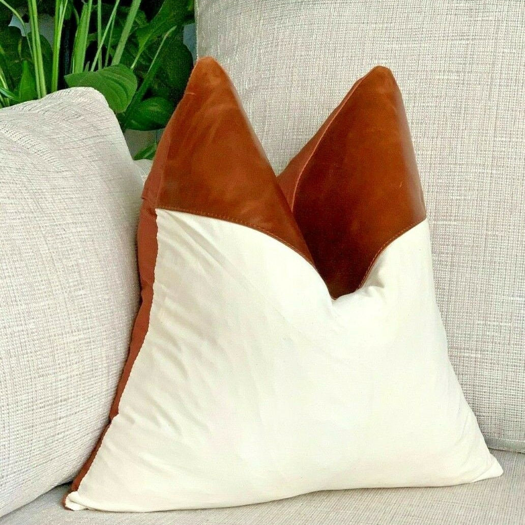 Tan Leather Cushion Bright White Finish