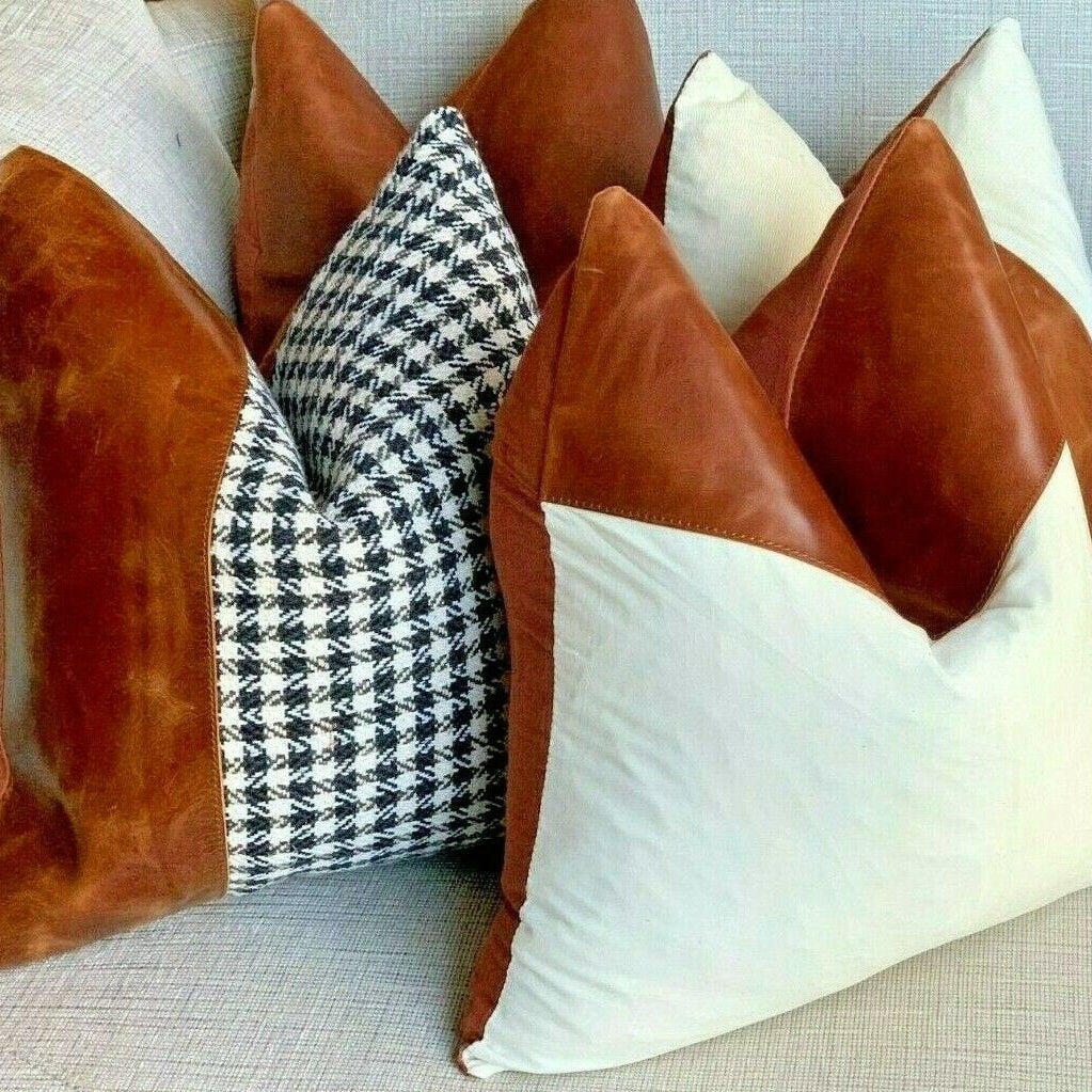 Tan Leather Cushion Bright White Finish