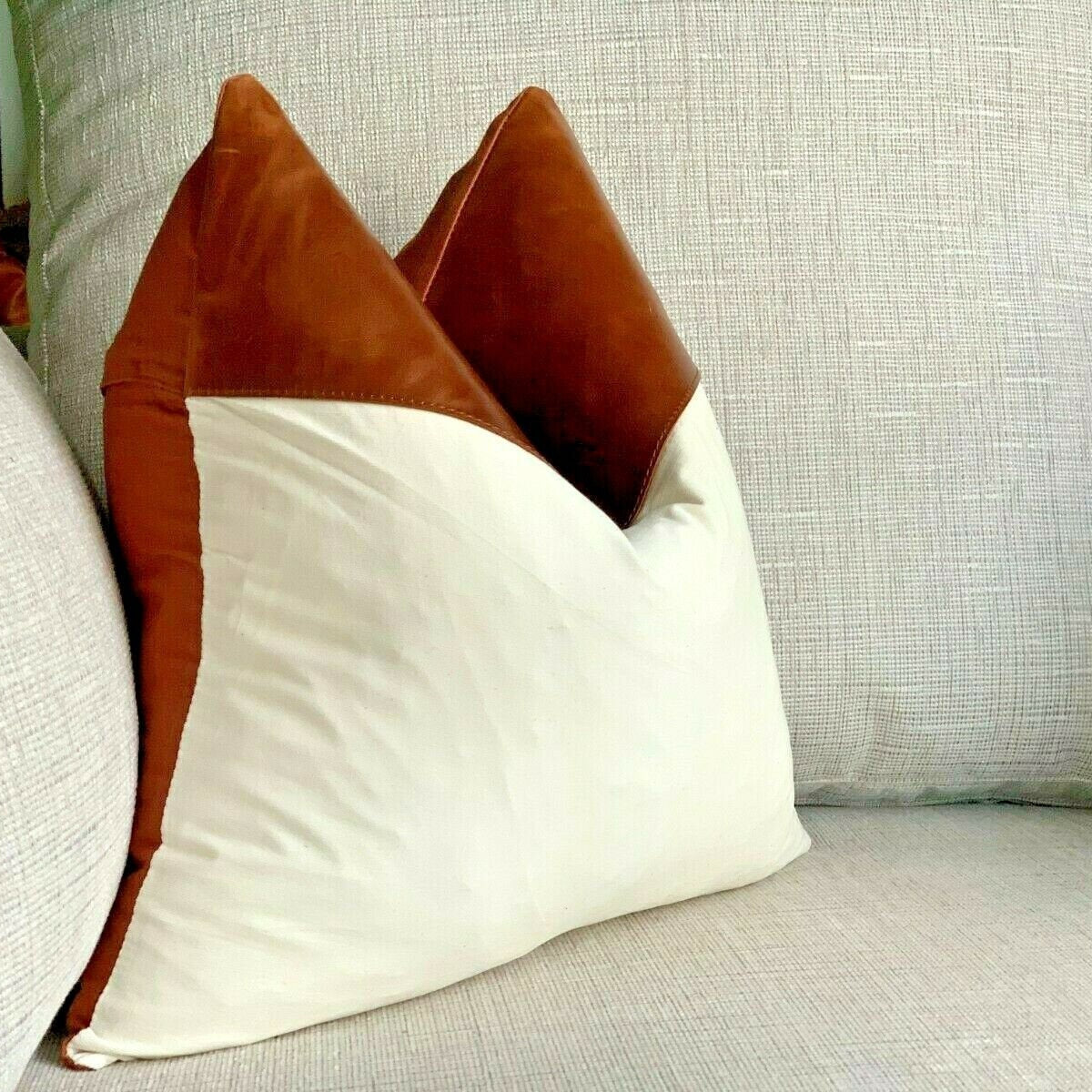 Tan Leather Cushion Bright White Finish