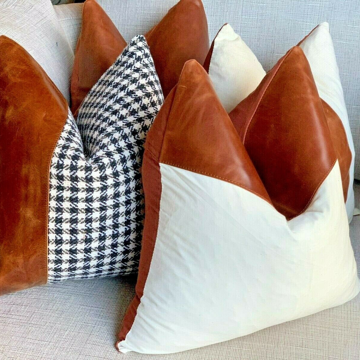 Tan Leather Cushion Bright White Finish