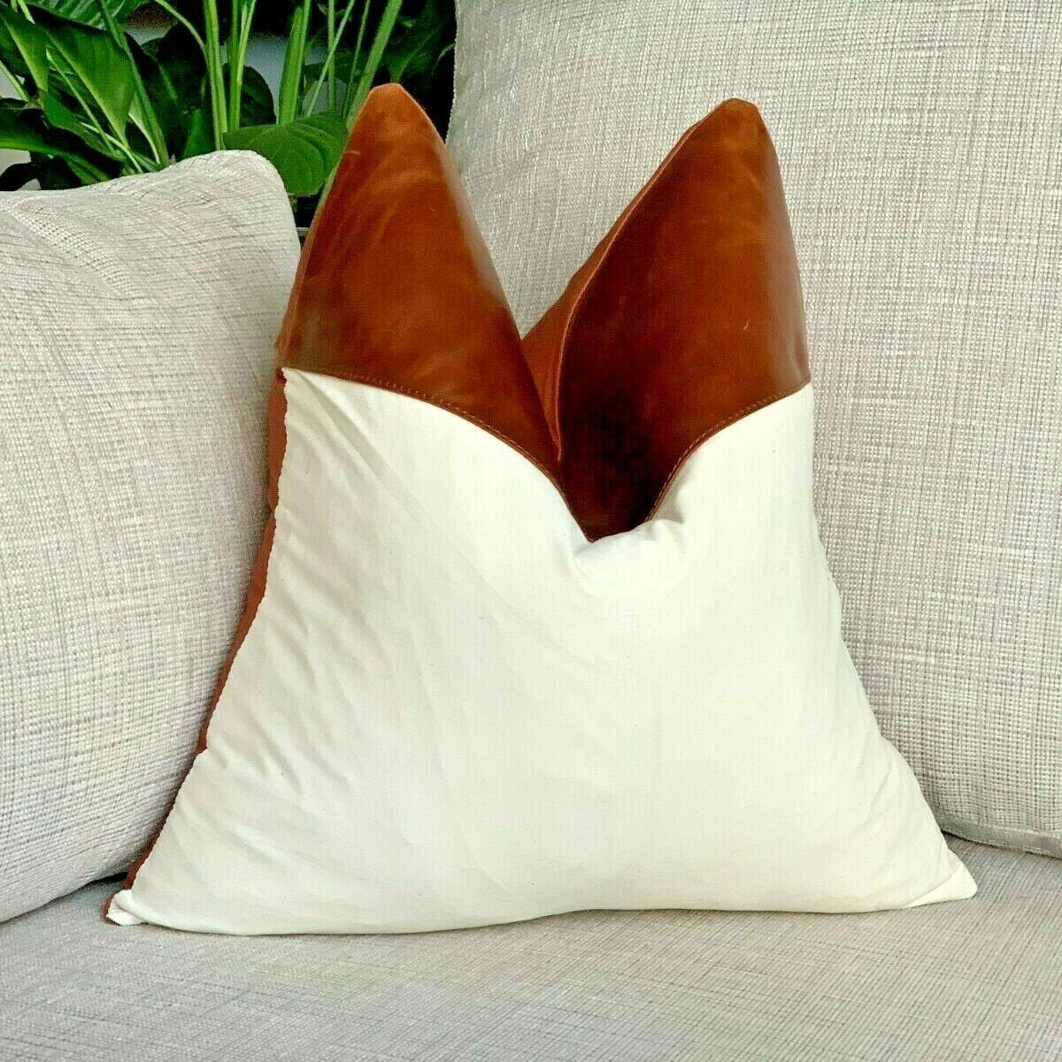 Tan Leather Cushion Bright White Finish