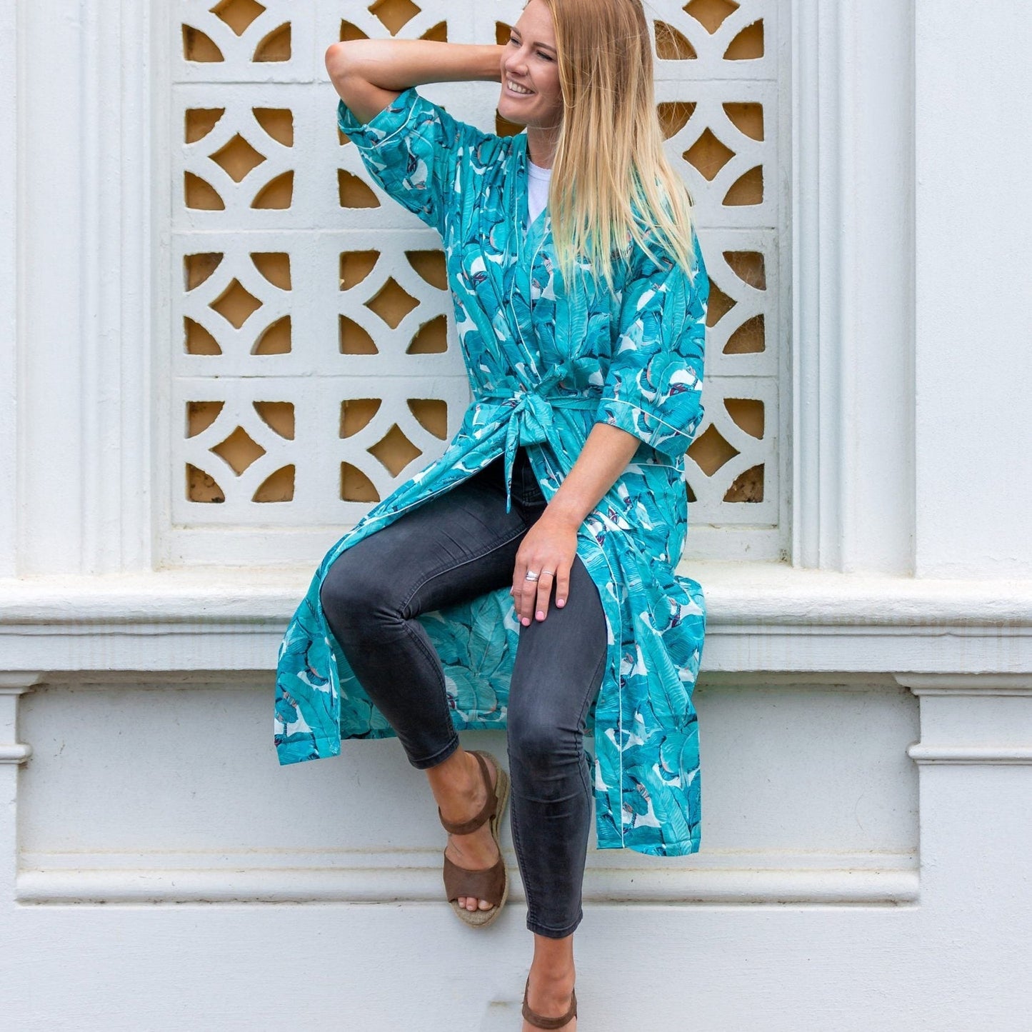 'Banana Blossoms' Women’s Cotton Kimono Robe