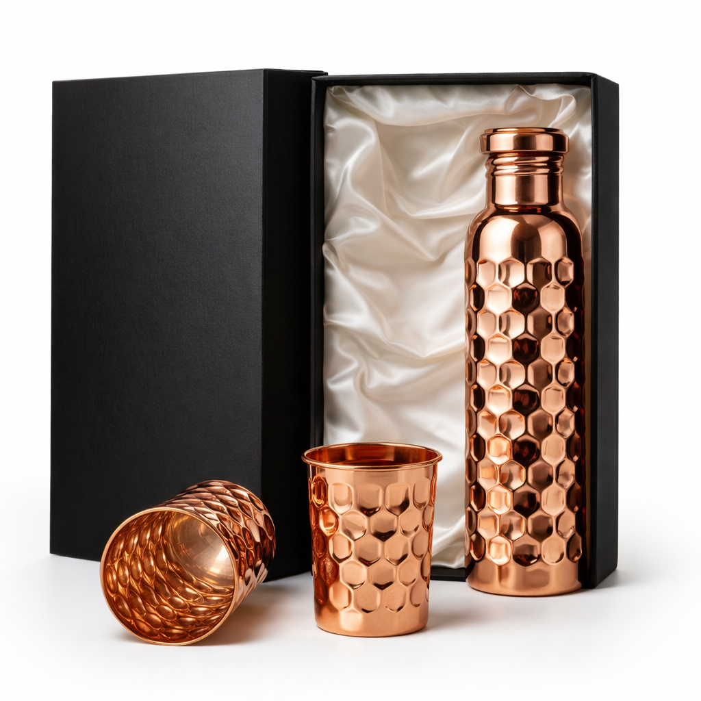 Modern embossed copper water set with a high-shine reflective finish