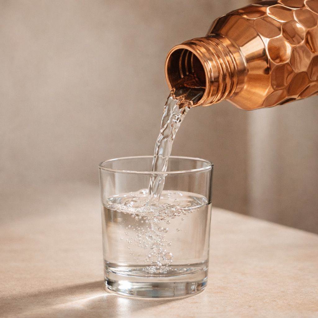 Luxury 950ml embossed copper bottle displayed on a modern table.