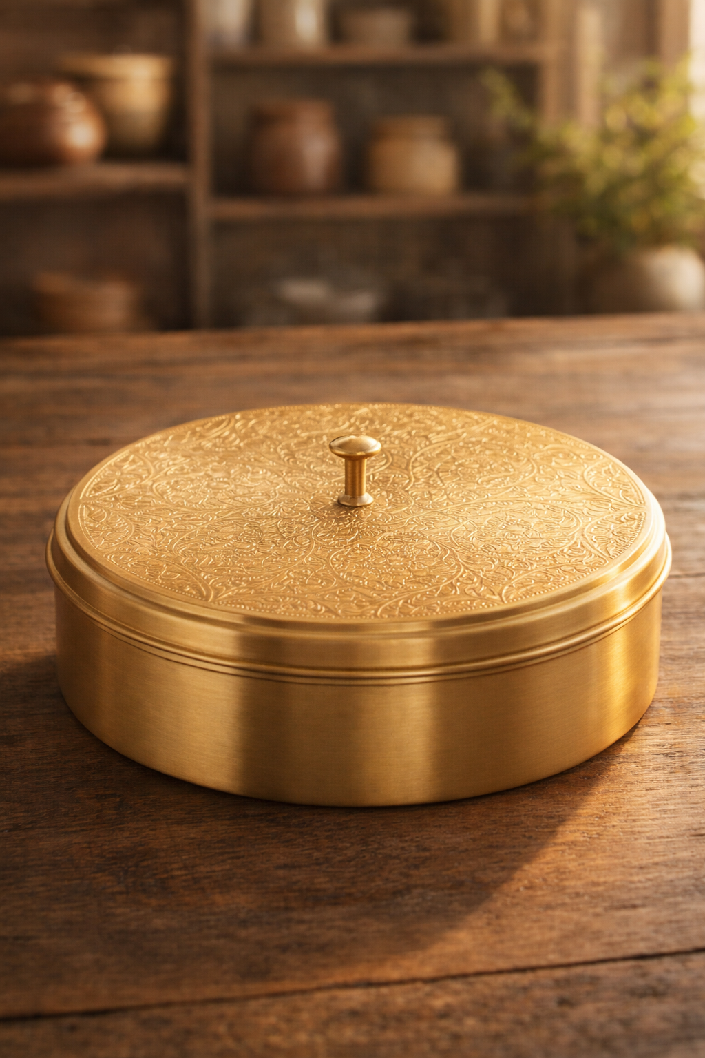 Premium brass masala box for Indian kitchen storage with lid