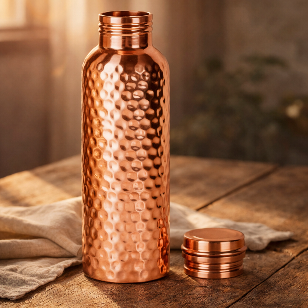 950ml hand-hammered copper water bottle with a leak-proof copper cap.
