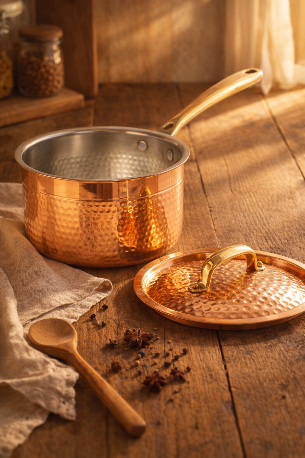 Pure copper saucepan with long handle for easy cooking