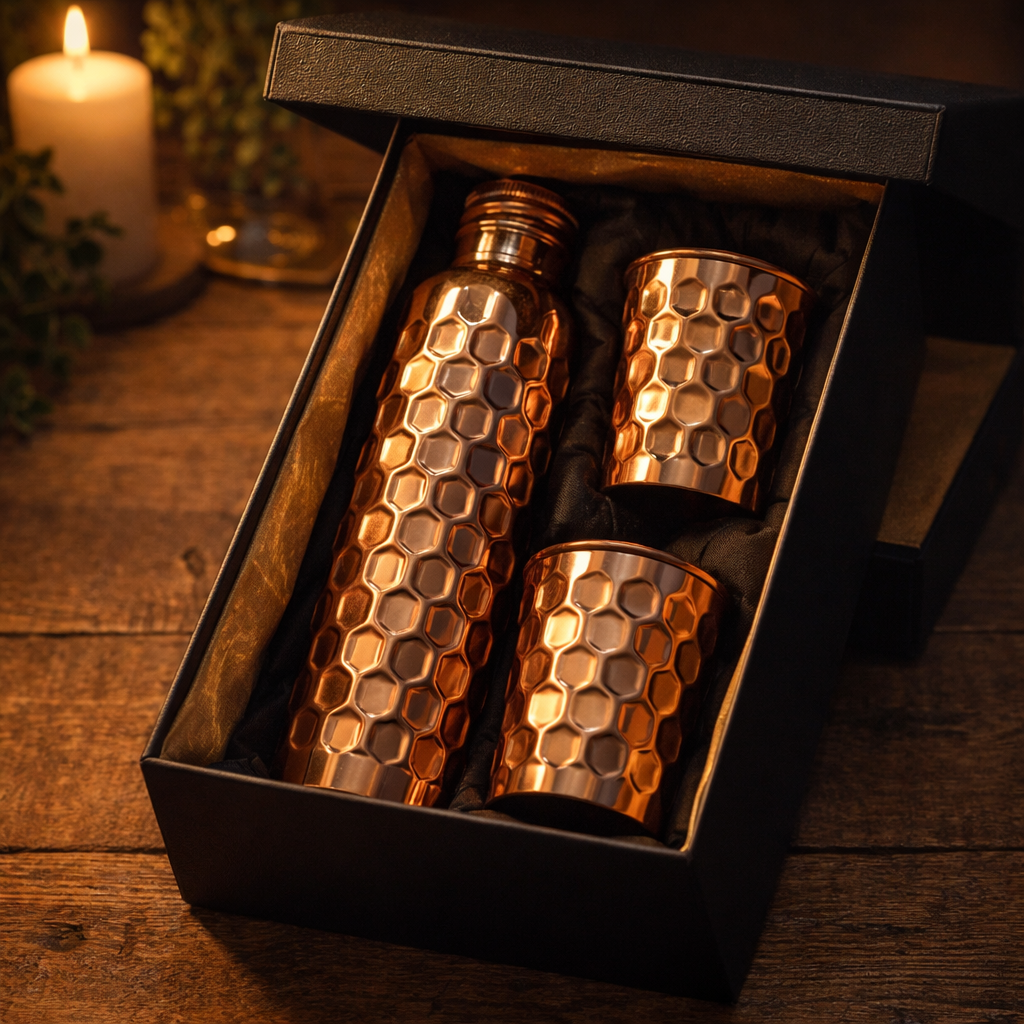 Shiny polish copper bottle and glass set featuring intricate embossed patterns.