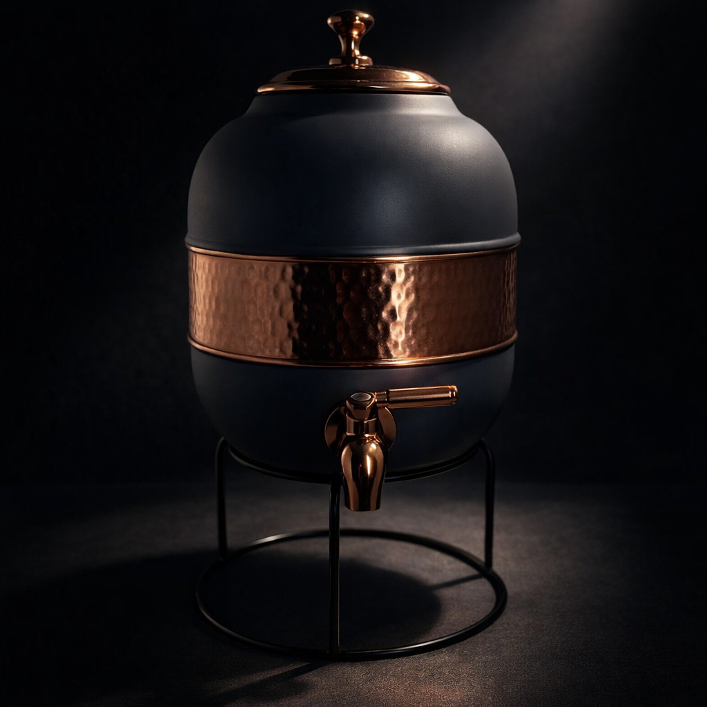 Stylish silk gray copper water dispenser with a metal tap.