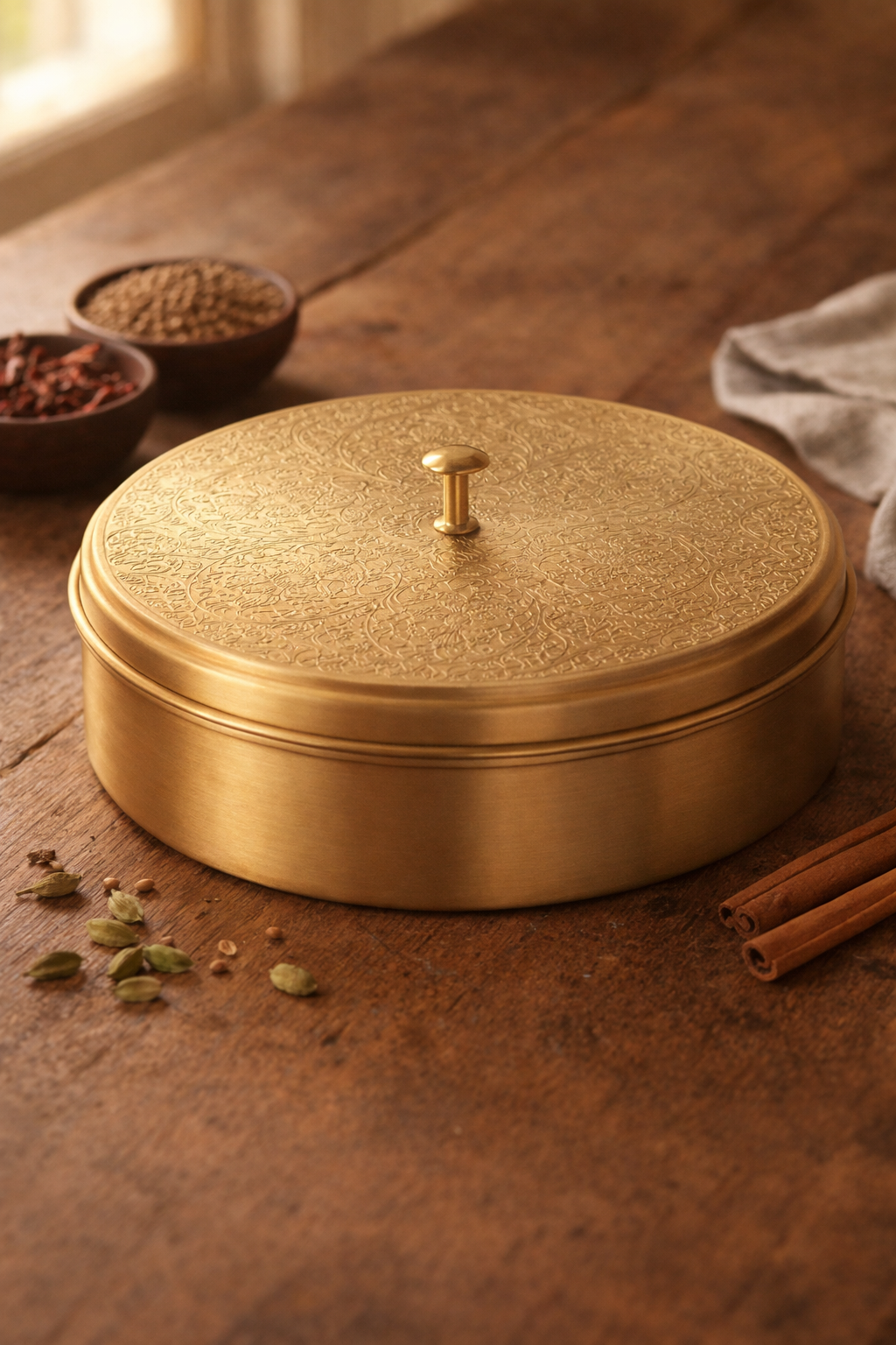 Traditional brass masala dabba 7.5 inch handcrafted storage box